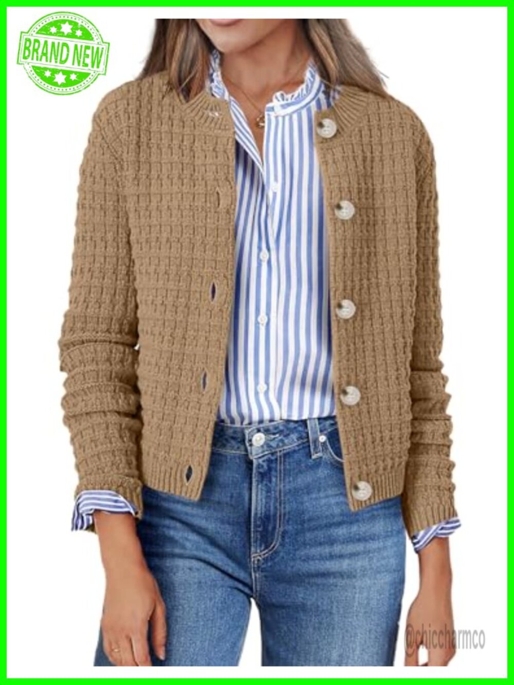 Women's Long Sleeve Button Down Cropped Cardigan Sweater Knit Jacket